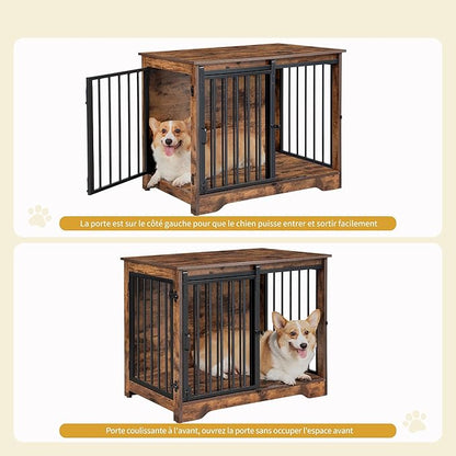 Hzuaneri 31.9" Dog Crate Furniture with Barn Door, Heavy Duty Dog Kennel Indoor with 2 Doors, Wooden Pet Cage End Table for Small Medium Dogs up to 44 lb, Anti-Chew Anti-Escape, Rustic Brown DFC83601B