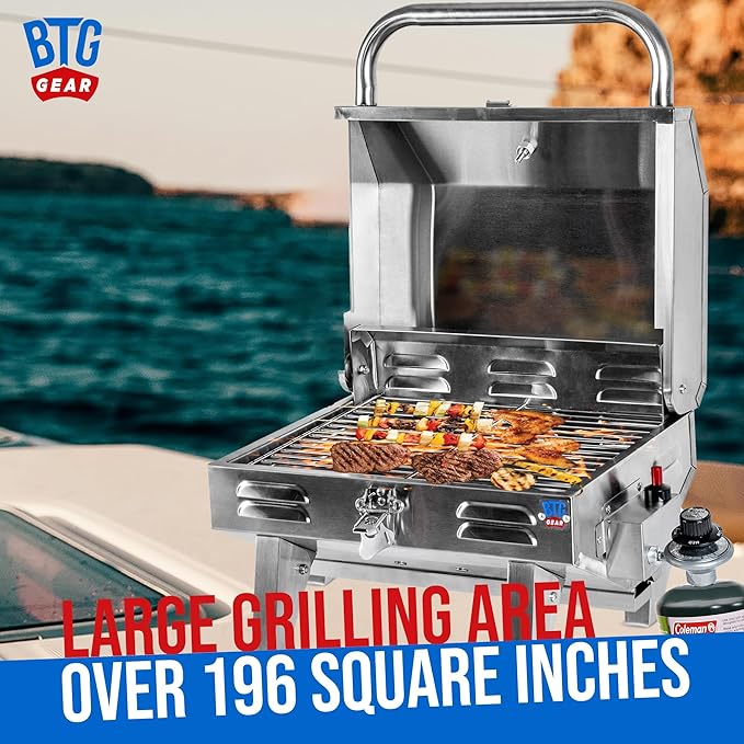 Tailwaves Marine Boat Grill w/Rod Holder Mount | Stainless Steel | Propane Boats & Tailgating & Camping | Built in Thermometer | Portable | Fold-away legs