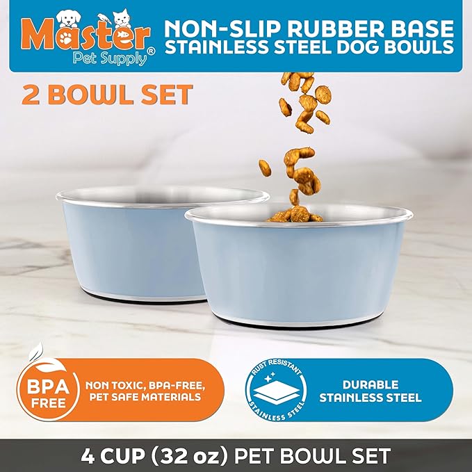 Master Pet Supply Stainless Steel Dog Bowls Set of 2 (32 Oz Each) with Non-Slip Rubber Base - Glacier Blue - Basic Dog Food Bowl Water & Food Bowls for Small Medium Large Dogs & Cats, Metal Dish