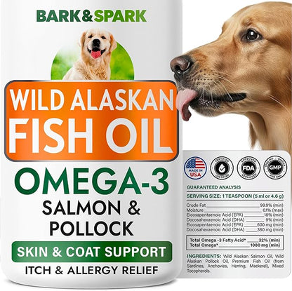Bark&Spark Fish Oil for Dogs - Natural Omega-3 - Skin & Coat Support - Liquid Food Supplement for Pets - Natural EPA + DHA Fatty Acids for Joint Function, Immune & Heart Health 8oz - Salmon
