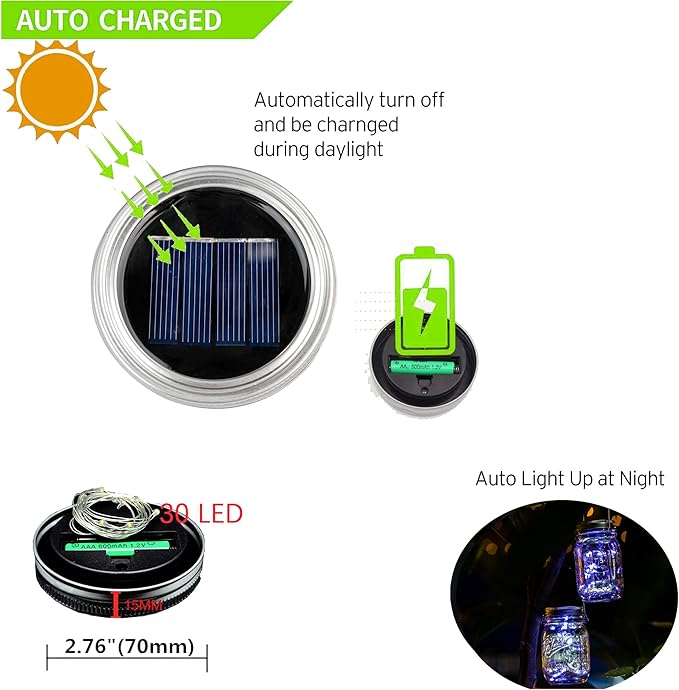 YJFWAL Mason Jar Solar Lights, 12 Pack 30 LED Mason Jar Solar Fairy Lights(No Jars), Firefly Lid Light with Hangers for Garden,Patio,Yard,Party,Birthday,Wedding, Christmas Decoration