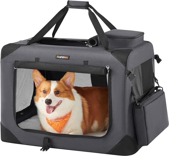 Feandrea 28 Inches Collapsible Soft Dog Crate, Portable Travel Dog Crate for Indoor and Outdoor Use, Dog Carrier Kennel with Safety Zippers, for Living Room, Car, Travelling, Camping, Gray UPDC70GY