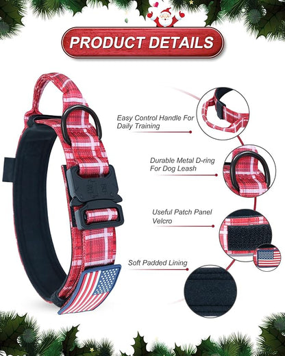 Hotsky Tactical Dog Collar, Adjustable Military Training Nylon Airtag Collar with Handle and Heavy Duty Metal Buckle for Medium Large Dogs, with Airtag Holder and Two Patches（Redplaid,M）