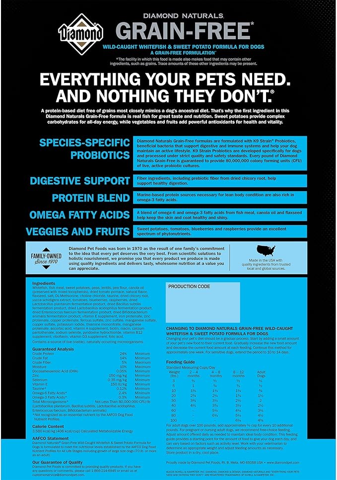 Diamond Naturals Grain-Free Recipe All Life Stages High Quality Protein Dry Dog Food with Premium Wild-Caught Whitefish and Sweet Potato with Taurine, and Omega Fatty Acids, in all Breed Sizes 28lb