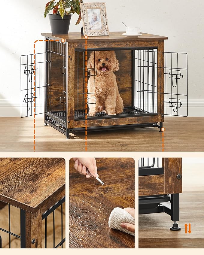 Feandrea 27.2" Dog Crate Furniture, Indoor Dog Cage Side End Table, M Pet Wood Kennel for Medium and Small Dogs up to 30 lb with Multi-Purpose Removable Tray, Double-Door Pet House, Rustic Brown