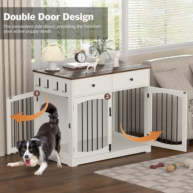 Kucreiheat 40 Inch Furniture-Style Dog Crate-Multipurpose Wood Pet Crate Furniture with Double Doors,2 Drawers, Decorative Dog House Indoor for Smal/Medium Dogs, White Finish