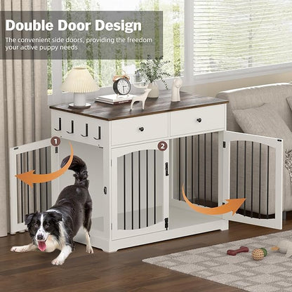 Kucreiheat 40 Inch Furniture-Style Dog Crate-Multipurpose Wood Pet Crate Furniture with Double Doors,2 Drawers, Decorative Dog House Indoor for Smal/Medium Dogs, White Finish