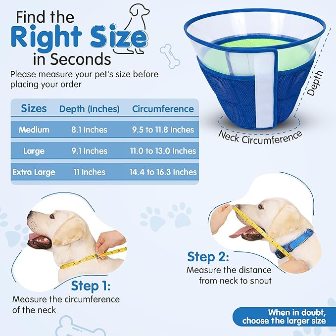 Soft Dog Cone Collar After Surgery – Adjustable Recovery Cone for Medium & Large Dogs – Double-Layer Protective Elizabethan Collar for Wound Protection & Licking Prevention – Comfortable - Blue
