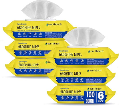 earthbath, Hypo-Allergenic Grooming Wipes - Fragrance Free Dog Wipes for Paws and Butt, Best Pet Wipes for Dogs with Sensitive Skin, Made in USA, Cruelty-Free Dog Cleaning Wipes - 100 Count (6 Pack)