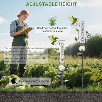 Rain Gauge Outdoor - Solar Rain Gauges Hummingbird Decorative with Color Changing LED Cracked Ball Lights 7" Freeze Proof Tube Rain Gauge Outdoors Best Rated for Yard Lawn Patio Garden Decor