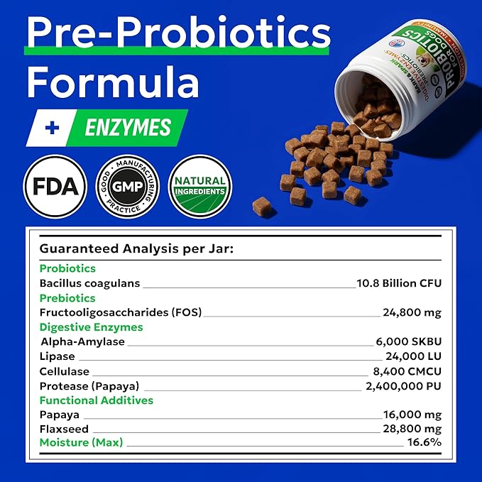 BARK&SPARK Dog Probiotics & Digestive Enzymes (Gut Health) Allergy & Itchy Skin - Pet Diarrhea Gas Treatment Upset Stomach Relief, Digestion Health Prebiotic Supplement Dog Treats (240Ct Chicken)