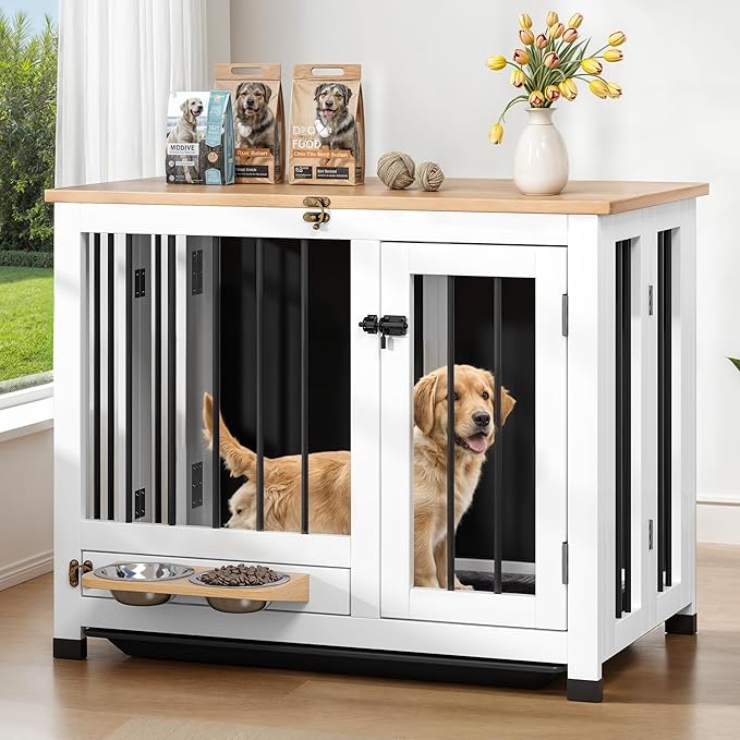 31.5" Dog Crate - Wooden Dog Kennel Furniture with 360° Rotating Feeder & Removable Tray | Indoor Multi-Functional End Table for Medium & Small Dogs, Light Walnut Dog Cage, Portable Pet Crates