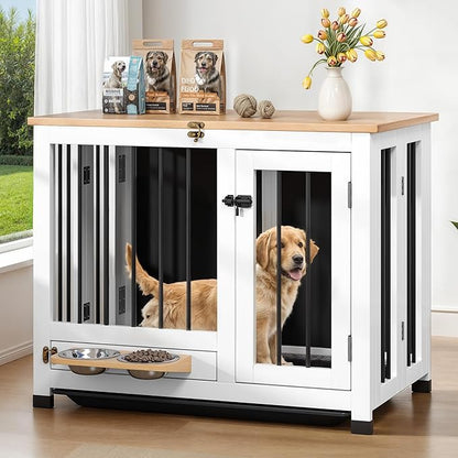 31.5" Dog Crate - Wooden Dog Kennel Furniture with 360° Rotating Feeder & Removable Tray | Indoor Multi-Functional End Table for Medium & Small Dogs, Light Walnut Dog Cage, Portable Pet Crates