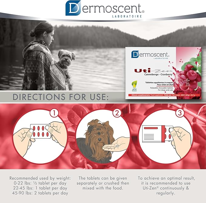 Dermoscent UTI-Zen Cranberry Tablets for Dogs & Cats Food Supplement for Bladder, Kidney & Urinary Tract Health Chicken Flavoured - 30 Tablets