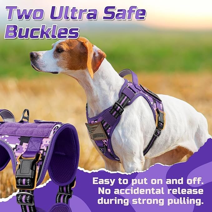 rabbitgoo Tactical Dog Harness for Large Dogs, No Pull Military Service Vest with Handle & Molle, Easy Control for Training Walking, Adjustable Reflective Straps, Purple Camo, XL