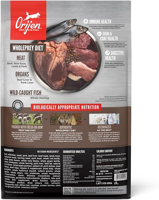 ORIJEN Grain Free Poultry Free High Protein Dry Dog Food Regional Red Recipe 4.5lb Bag