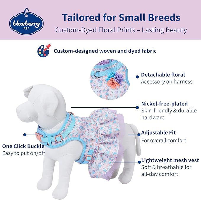 Blueberry Pet New Soft & Comfy Made Well Lovely Floral No Pull Mesh Dog Costume Harness Dress in Lavender, Chest Girth 19"-21", Small, Adjustable Harnesses for Dogs