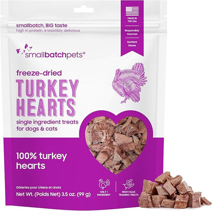 smallbatch Pets Premium Freeze-Dried Turkey Heart Treats for Dogs and Cats, 3.5 oz, Made and Sourced in The USA, Single Ingredient, Humanely Raised Meat, No Preservatives or Anything Artificial Ever