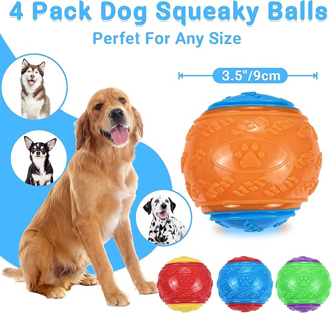 LECHONG 3.5in Squeaky Dog Balls Toys for Training, Dog Toys to Keep Them Busy, High Bouncy Balls for Interactive Playing, Great for Puppy Pet Teething and Chew 4Pcs