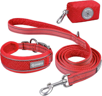 Reflective Dog Collar Leash Set, Adjustable Soft Dog Collar Leash with Poop Bag Holder Dispenser for Small Medium Large Dogs, Multiple Color Available, Red, Medium
