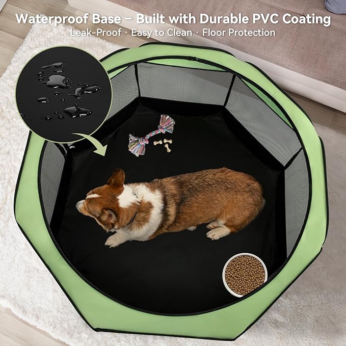 Dog Playpen for Small Dogs & Puppies, 40.55" Portable Indoor Outdoor Puppy Playpen with Bowl, Waterproof Floor, Foldable Pop-Up Pet Pen for Home, Travel & Daily Use, Green+Black