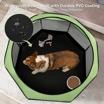 Dog Playpen for Small Dogs & Puppies, 40.55" Portable Indoor Outdoor Puppy Playpen with Bowl, Waterproof Floor, Foldable Pop-Up Pet Pen for Home, Travel & Daily Use, Green+Black