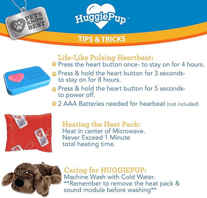 Pets Know Best presents HuggiePup - Cuddly Puppy Behavioral Aid Toy, Great for Crate Training- Pulsing Heartbeat, Heating Pack- Chocolate Dog
