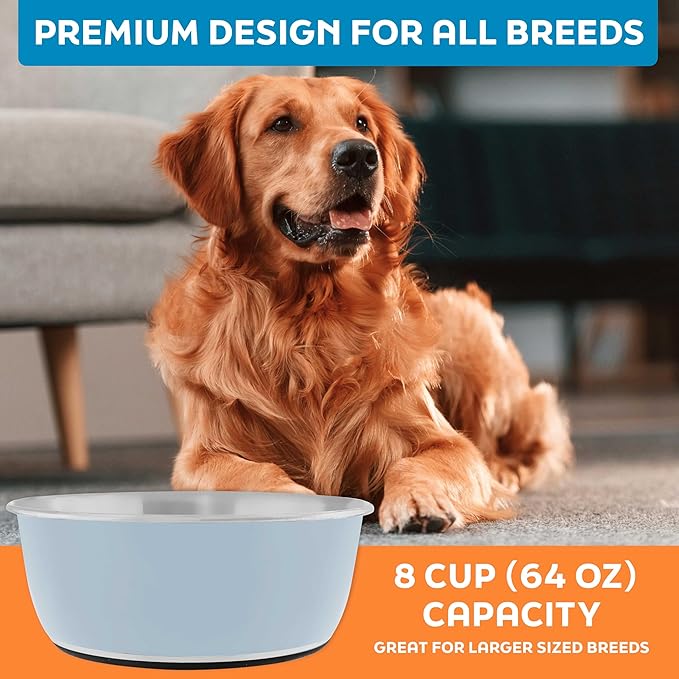 Master Pet Supply Stainless Steel Dog Bowls Set of 2 (64 Oz Each) with Non-Slip Rubber Base - Glacier Blue - Basic Dog Food Bowl Water & Food Bowls for Small Medium Large Dogs & Cats, Metal Dish