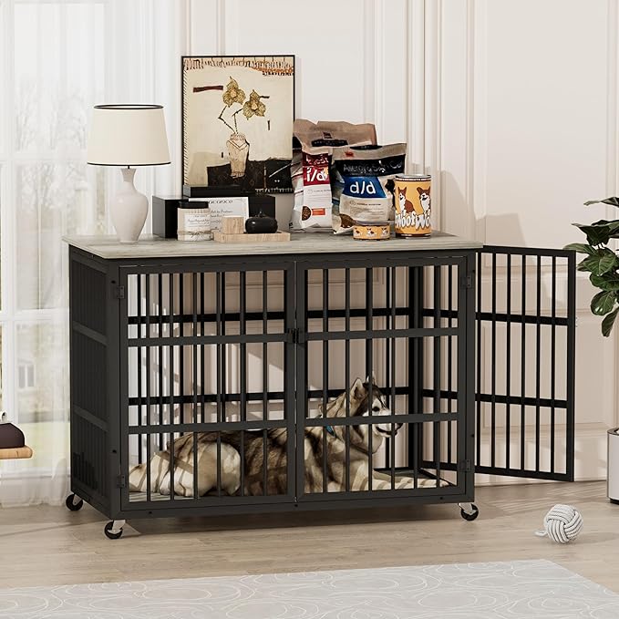 Aoowow Dog Crate Furniture for Small Medium Dogs, 43.3" Dog Kennel Indoor End Table with Side Doors, Iron Heavy Duty Dog Cage with Wheels, Grey