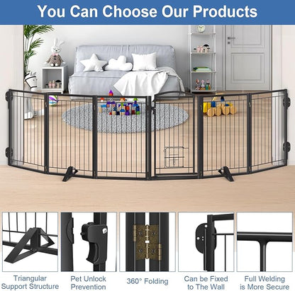 Metal Free Standing Dog Gate with Cat Door for Indoor/Outdoor,120" Extra Wide Foldable Pet Gate,32" Tall Foldable Indoor Dog Fence for Large Openings Stairs,Deck,Yard,Doorways(6 Panels,Black)