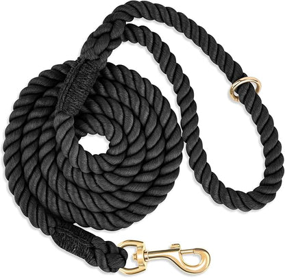 Dog Leash 6 FT Handmade Braided Cotton Rope Leashes for Small Medium and Large Dogs, New Golden Heavy Duty Metal Clasp, Black