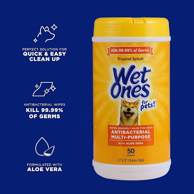 Wet Ones for Pets Antibacterial Dog Wipes, Multi-Purpose Grooming Wipes with Aloe Vera for Paws, Face & Body, Easy Cleanups Between Baths, Tropical Splash Scent, 5.7 in x 7.5 in, 50 Count