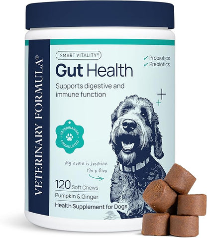 Veterinary Formula Gut Health Supplement for Dogs – Vet-Formulated Probiotic Chews with Digestive Enzymes & Fiber – Smart Vitality Support Digestive Health, Gut Balance & Stool Quality, 120 Soft Chews