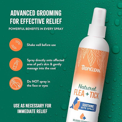 TropiClean Flea and Tick Bite Relief Treatment Spray for Dogs & Cats, Advanced Care Itch Relief Spray, Made in USA, 8oz
