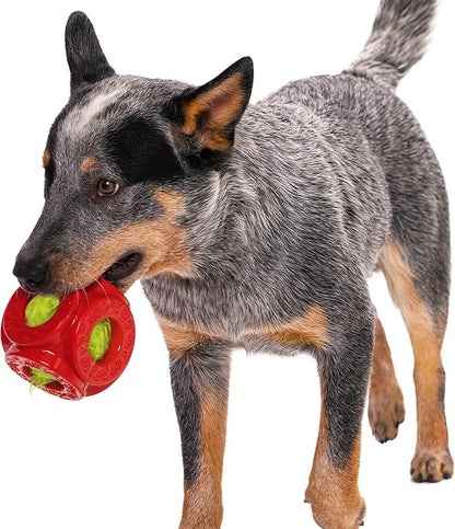 goDog Holiday Collection 2-in-1 Cage Ball Dog Toy with Furballz Squeaky Plush Dog Toy - Red, Small