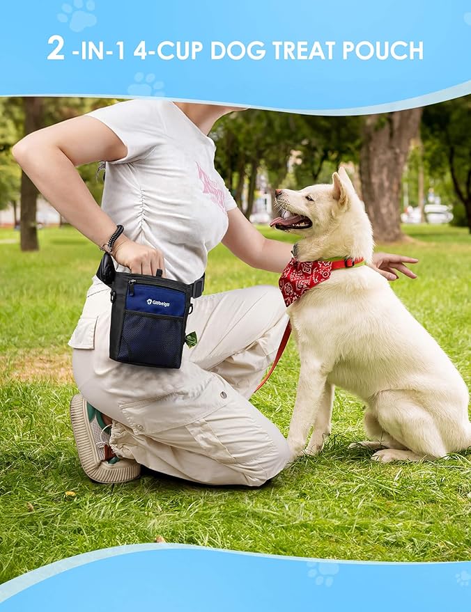 Gobeigo Dog Treat Pouch, Magnetic Closure & Sealable Silicone Bag Insert, 4-Cup Capacity – Belt Clip/Waist Belt/Crossbody Wear, Clicker Included – Great for Pet Training & Walking (Navy Blue)