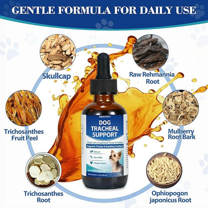Dogs Tracheal Collapse, 2 FL OZ Trachea Cough Elixir, Natural Herbal Support Drops Helps Reduce Dry Honking Cough, Wheezing & Throat Irritation, Promotes Respiratory Comfort (Chicken Flavor)