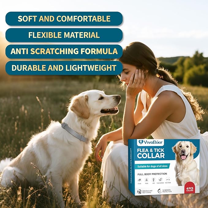 Flea and Tick Collar for Dogs – 12-Month Protection – Adjustable & Waterproof – Safe, Long-Lasting Repellent for Fleas, Ticks, Lice & Mosquitoes – Fits Small, Medium & Large Dogs 4pack