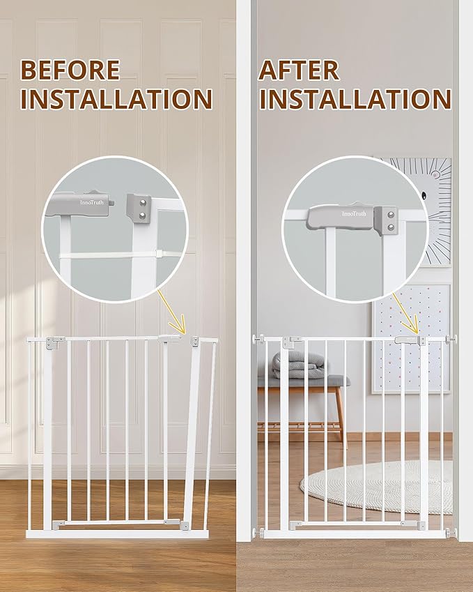 InnoTruth 28.9-42.1" Wide Baby Gate for Stairs & Doorways, 30" Tall Pressure Mounted Dog Gates for Stairs Expandable One-Hand Open, Easy Step Walk Through Dual Lock Metal Pet Gates for Dogs, White