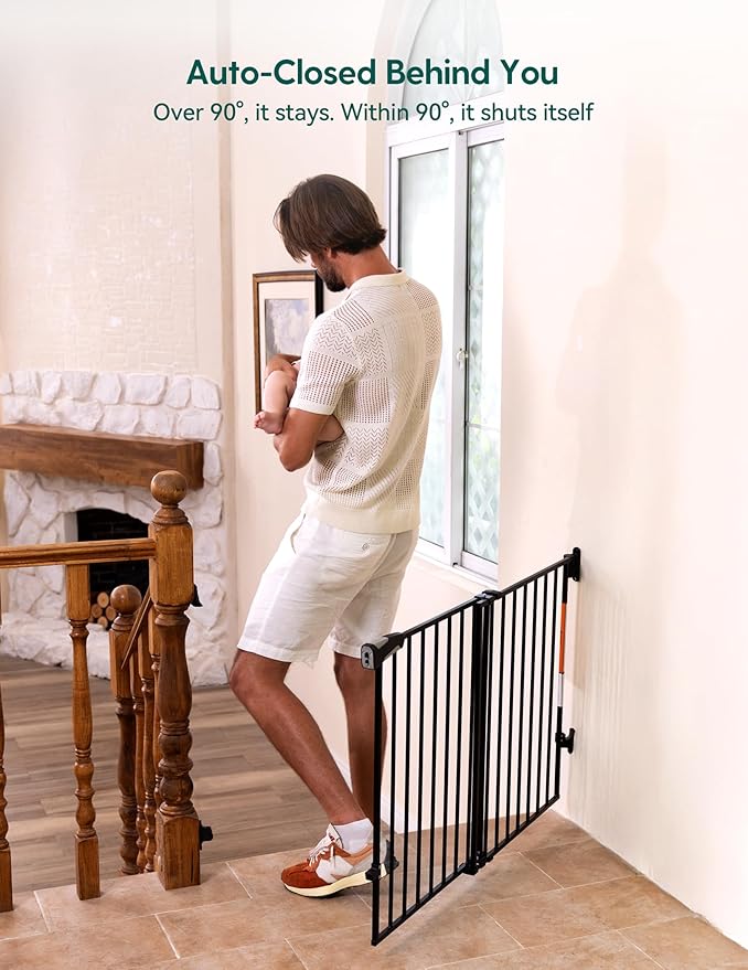 Babelio Baby Gate for Stairs, Kitchen & Doorways, No Bottom Bar| Easy Installation| One-Handed Operation| Auto-Close| Hardware Mount (Drill Needed) Safety Dog Gate (Black - 2 Pcs, 26-43" W, 28" H)