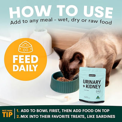 Petz Park Urinary + Kidney Support for Cats 60 Scoops, Cat Urinary Supplement, Tract Support Powder, Cat Food Topper for Wet or Dry Food, Made in Australia