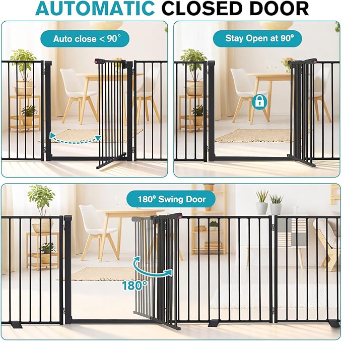 Snagle Paw Extra Wide Dog Gate,Free Standing Dog Fence with Door, Up to 104 Inch Wide Pet Gate with Support Feet for Stairs, Hallways, Doorways, Yard (Black, 4 Panels)