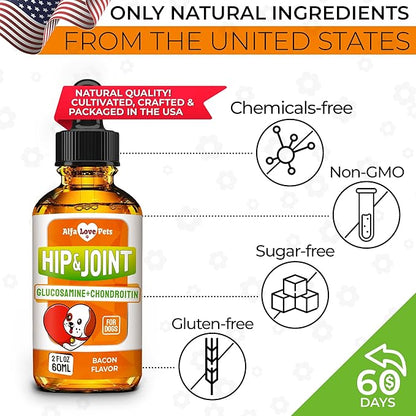 Glucosamine for Dogs + Chondroitinin in Liquid Form – Hip & Joint Supplement for Dogs to Care for Muscular System – Effective Dog Health Supplies with Natural Bacon Flavor – All Breeds Support – 2 oz