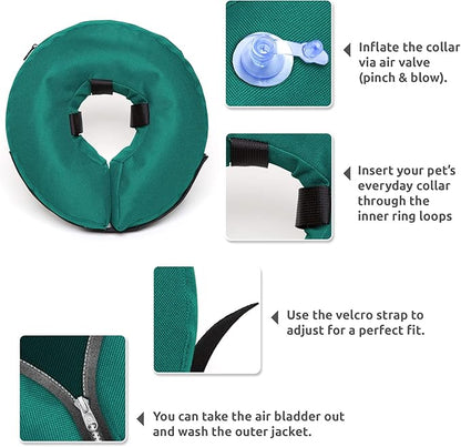 ZenPet Protective Inflatable Recovery Collar for Dogs and Cats (Teal) - Soft Pet Cone Does Not Block Vision E-Collar - Designed to Prevent Pets from Touching Stitches, Wounds and Rashes (Medium)