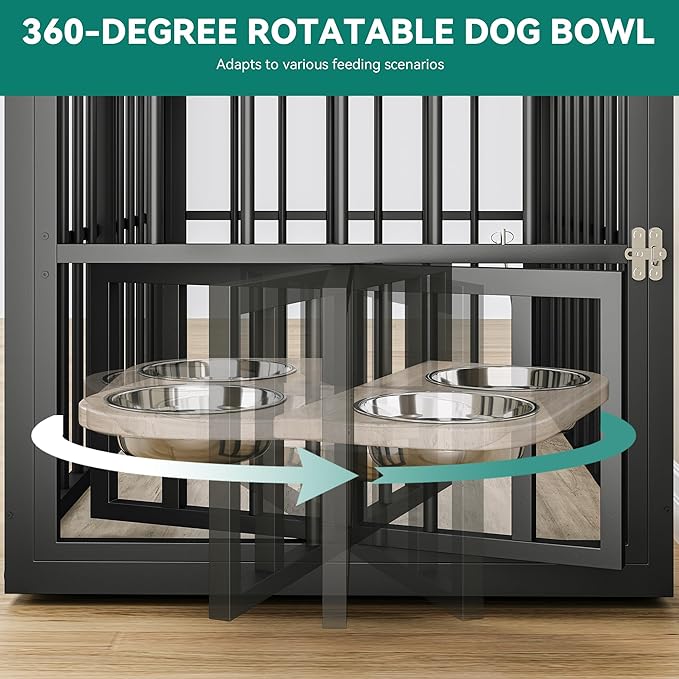 YITAHOME 88.6" Double Dog Crate Furniture, Wooden Dog Kennel with Bowls & 3 Doors, Large Double Crate Furniture TV Stand, Grey
