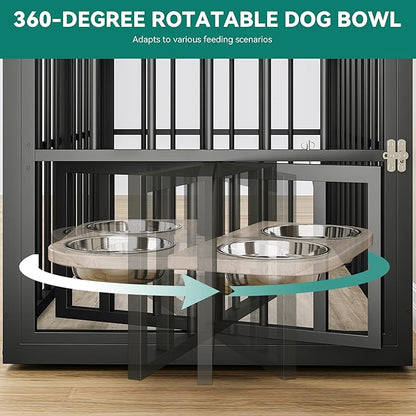 YITAHOME 88.6" Double Dog Crate Furniture, Wooden Dog Kennel with Bowls & 3 Doors, Large Double Crate Furniture TV Stand, Grey