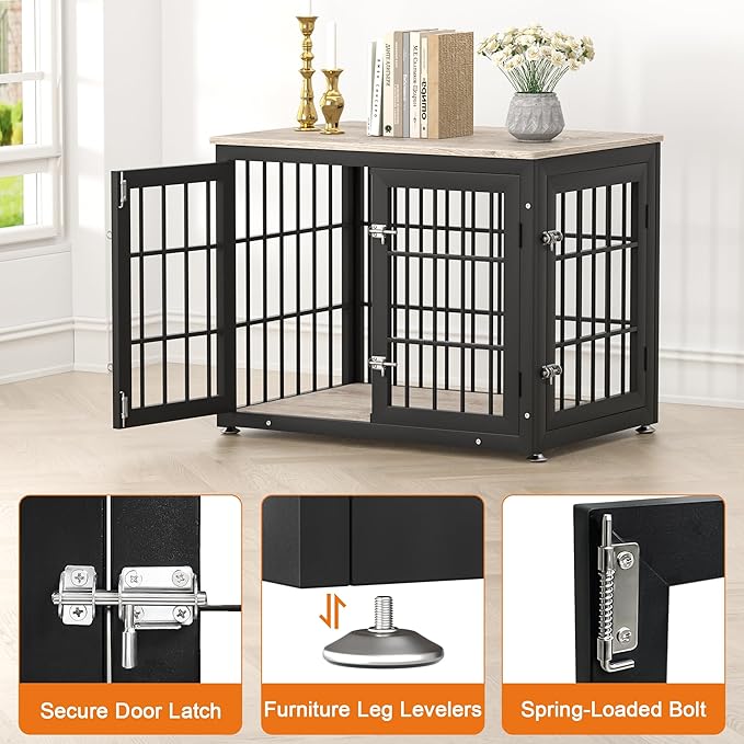 rehomerance 32 Inch Heavy Duty Dog Crate Furniture for Medium and Small Dogs, Decorative Pet House End Table, Wooden Cage Kennel Furniture Indoor, Grey