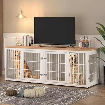 rehomerance 78 Inch Double Dog Crate Furniture, Heavy Duty Extra Large Cage Furniture with Divider for 2 Dogs, Decorative Wooden Kennel Indoor, Pet House for Large and Medium Dogs, White