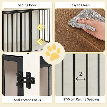 Hzuaneri 39.4" Heavy Duty Dog Crate Furniture with Barn Door, Wood Indoor Dog Crate Kennel for Small/Medium/Large Dogs, End Side Table, TV Stand, Anti-Chew Anti-Escape, White Brown DFC02314B