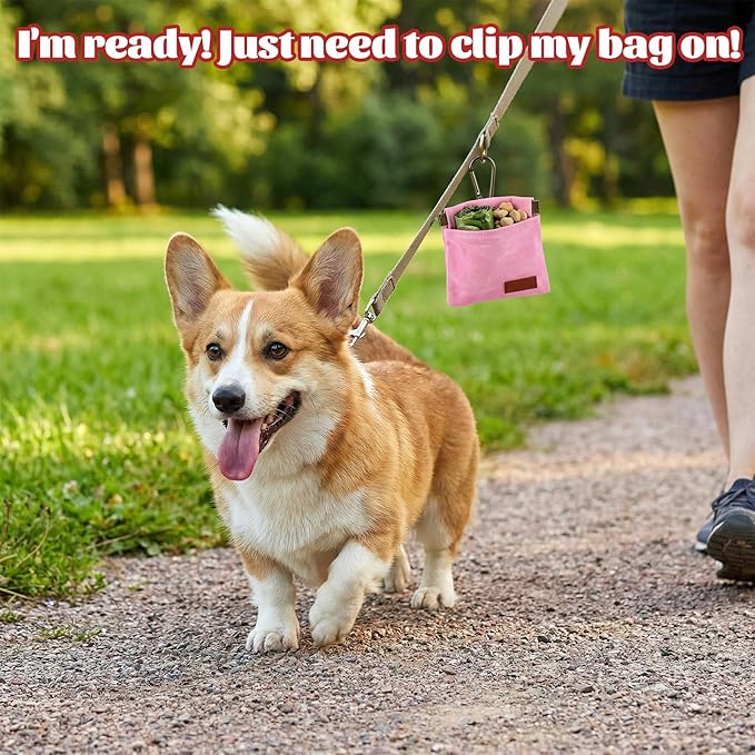 2 Pcs Dog Treat Pouch Hand Free Pet Training Pouch Canvas Training Bag with Carabiner Portable Pet Dog Walking BagSelf-Closing Pets Feed Snack Reward Behavior Aids for Puppy Travel Outdoor Pink Black